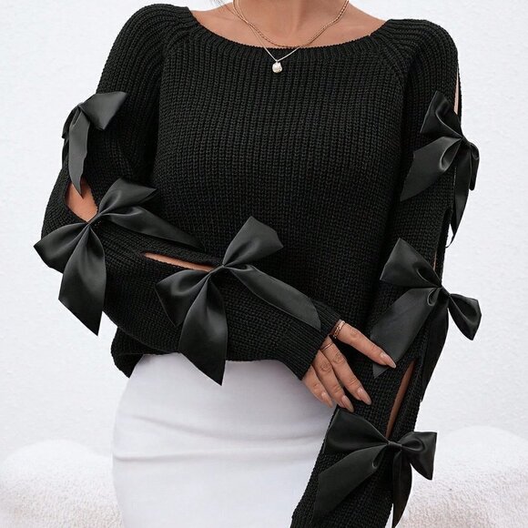 Black Casua Preppy Womens Bowknot Decoration Hollow Out Raglan Sleeve Sweater - Picture 1 of 5